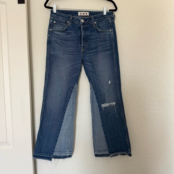 AMO Denim Bootcut Flare Babe Dive Bar Destroy Mixed Colorblock Rework Style Jean - Picture 1 of 7